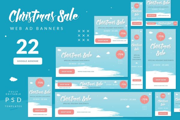 圣诞节主题背景多尺寸网站Banner16图库精选广告模板 Christmas Sale Web Ad Banners