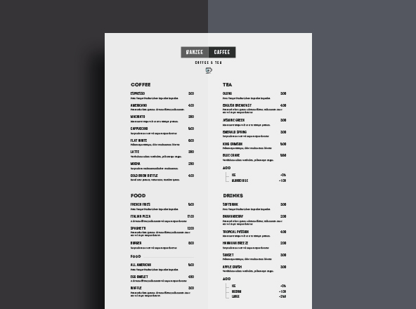 简约设计风格单页餐厅菜单排版设计模板 One Page Restaurant Menu Template