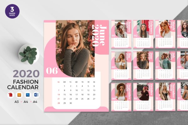 时尚行业主题2020年日历设计模板 Trendy Fashion 2020 Calendar &#8211; AI, DOC, PSD