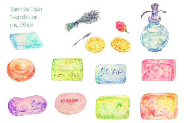 美容护肤品牌水彩手绘插画设计素材 Watercolor Clipart Soap Collection
