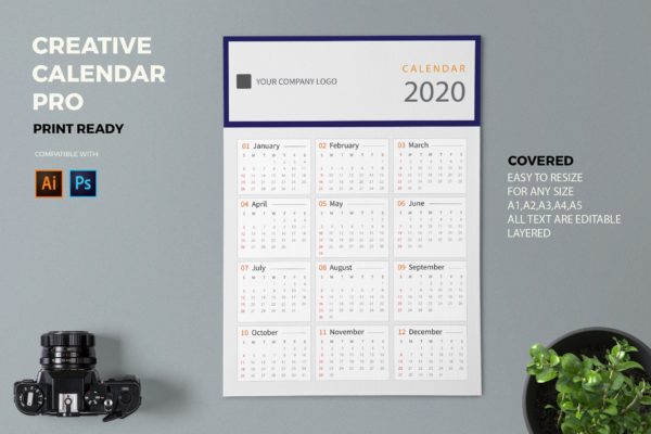 简约设计2020日历表年历设计模板 Creative Calendar Pro 2020