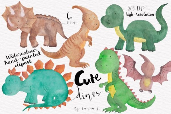 可爱的恐龙水彩剪贴画 Dinosaur Watercolour Set