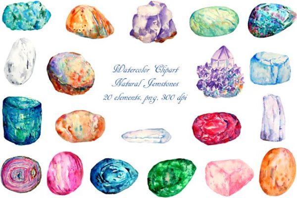 20款水彩天然宝石手绘图案 Watercolor Natural Gemstones