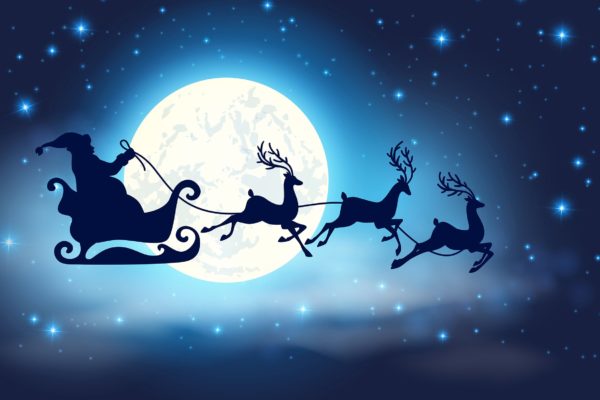 月光下的礼物圣诞老人矢量手绘插画素材 Christmas card with Santa Claus and Deer