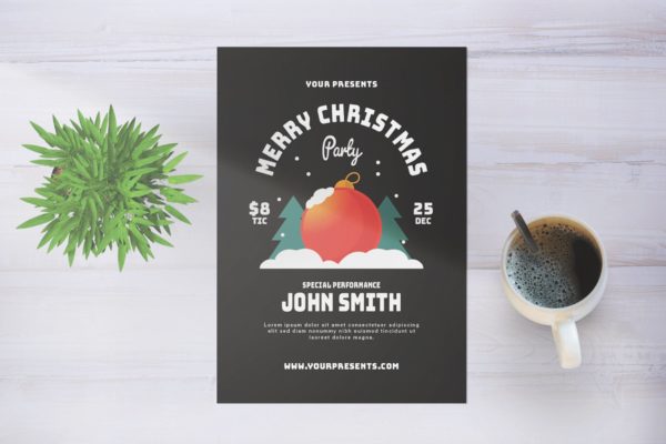 圣诞装饰球背景圣诞节派对入场门票海报传单模板 Merry Christmas Party