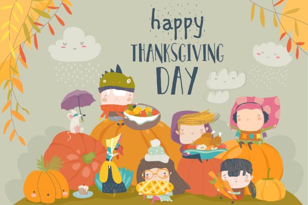 儿童感恩节活动矢量手绘插画素材 Cartoon children celebrating Thanksgiving Day with