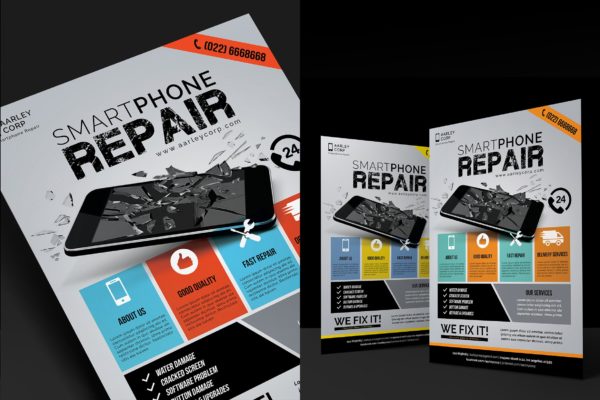 手机维修服务宣传单海报PSD素材16设计网精选模板 Smartphone Repair Flyer