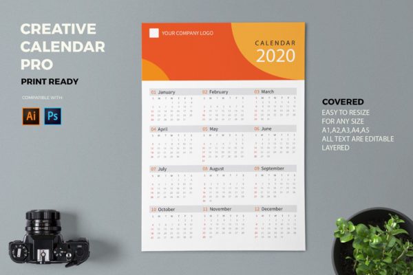 彩色几何图形2020日历表年历设计模