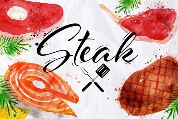 牛排/鱼排/鸡排等肉类水彩矢量插画 Set watercolor steak