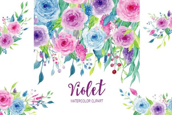 紫色水彩花卉剪辑收藏 Watercolor Clipart Violet Collection
