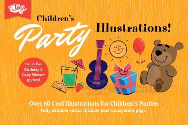 复古彩色风格儿童聚会派对插图 Children&#8217;s Party Illustrations
