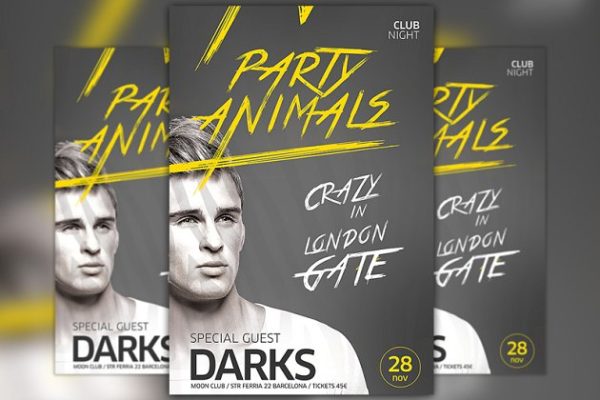 电子DJ音乐派对传单海报设计模板 Party Animals Club Flyer Template