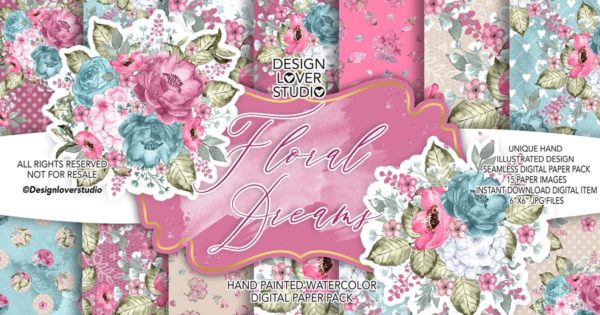 粉红水彩花卉婚礼图案纹样设计素材 Floral Dreams digital paper pack