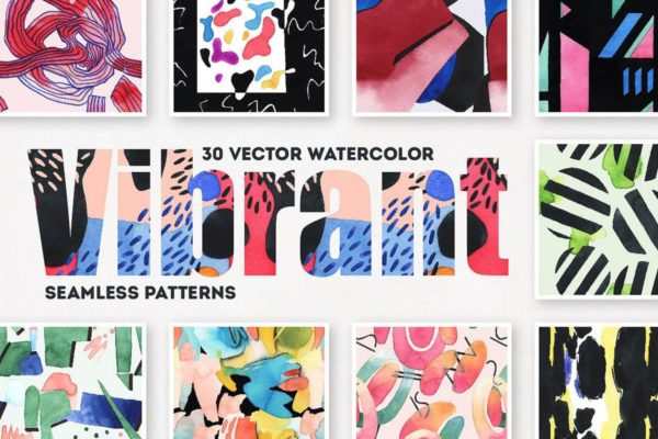 时尚充满活力的水彩艺术矢量图案 Vibrant Watercolor Patterns