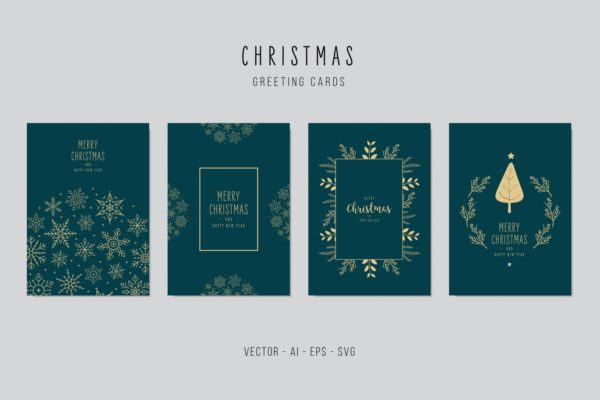 雪花&#038;植物手绘图案圣诞节贺卡矢量设计模板集v3 Christmas Greeting Vector Card Set