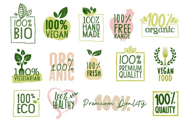 有机食品标志标签和徽章设计模板素材 Organic Food Labels and Badges Collection