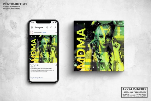 音乐主题派对活动方形宣传单&amp;社交广告设计模板 MDMA Music Party Square Flyer &amp; Social Media