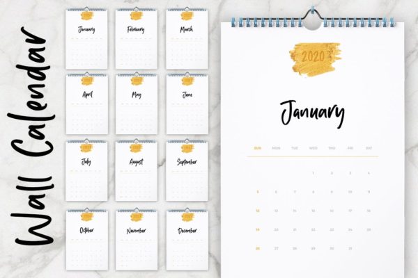 2020年超简约版式活页翻页日历设计模板 Wall Calendar 2020 Layout