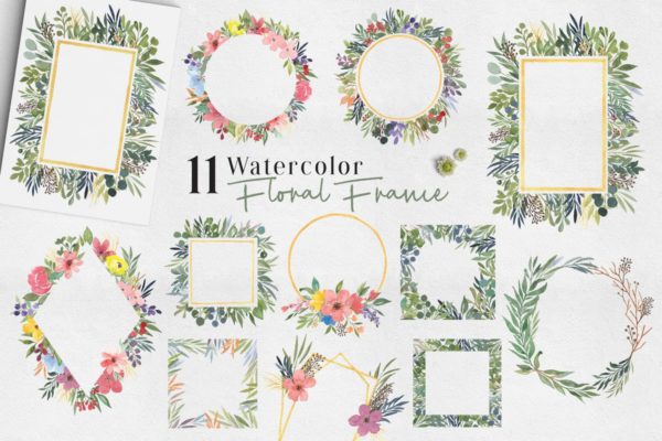 美丽的水彩花卉叶子框架插画 Ofi 11 Watercolor Floral Frame