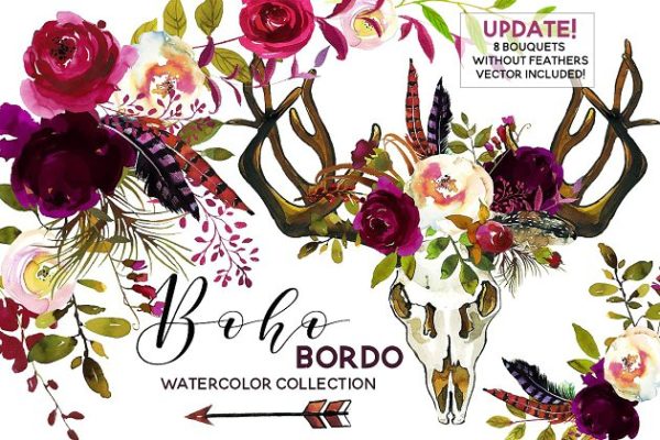 波希米亚式&amp;波尔多水彩花卉剪贴画 Boho Bordo Watercolor Flowers