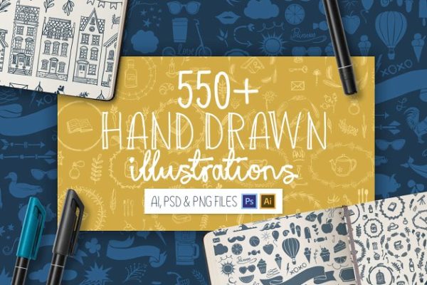 550+手绘矢量插画图案 550+ Hand Drawn Illustrations