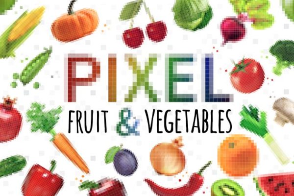 几何方块蔬菜水果颗粒像素化插图 Pixel Fruit &amp; Vegetables