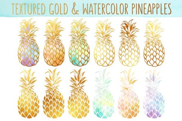 水彩&amp;金色菠萝矢量图形 Watercolor &amp; Gold Pineapples Bundle