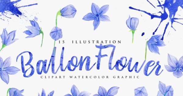 15款蓝色水彩花卉插画设计素材 15 Watercolor Ballon Flower Illustration