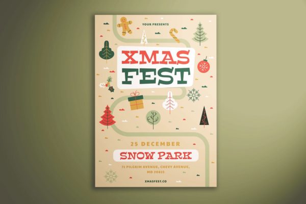 可爱设计风格圣诞节主题活动传单模板 Xmas Fest Flyer