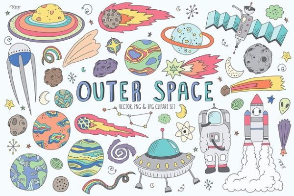 可爱太空手绘涂鸦设计元素 Space Doodles Cute Clip Art Set