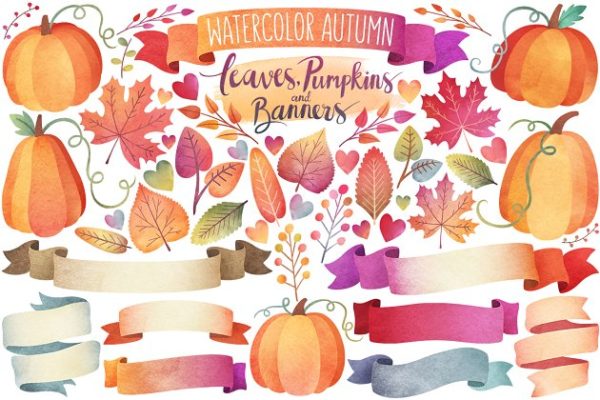 秋天树叶&amp;Banner水彩剪贴画  Watercolor Autumn Leaves &amp; Banners