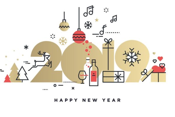 2019年渐变色字体新年贺卡海报设计模板[白色背景] Happy New Year 2019