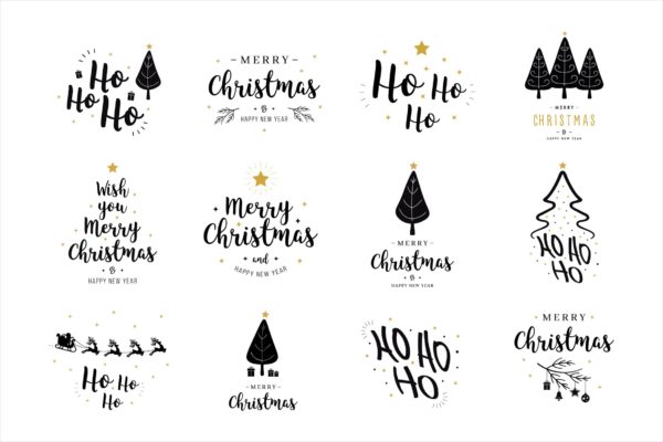 圣诞节&amp;新年主题文字徽章矢量素材 Christmas lettering badge emblems set