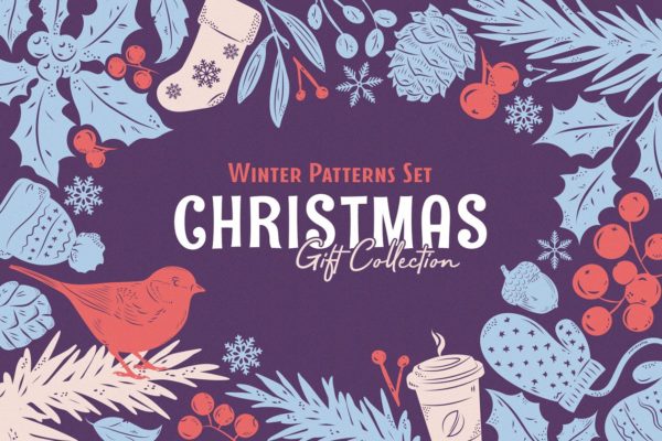 圣诞节礼物包装纸张图案纹理 Christmas Gift: Vector Patterns Set