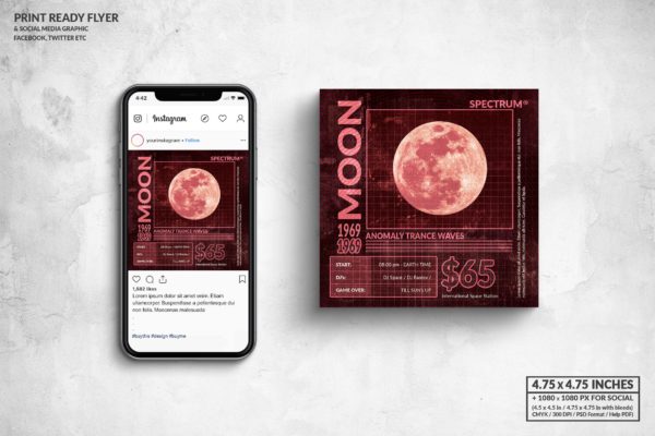 古典音乐会宣传单&amp;社交广告设计模板 Moon Anomaly Music Square Flyer &amp; Social Media
