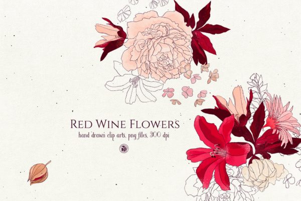 酒红色水彩手绘花卉PNG素材 Red Wine Flowers