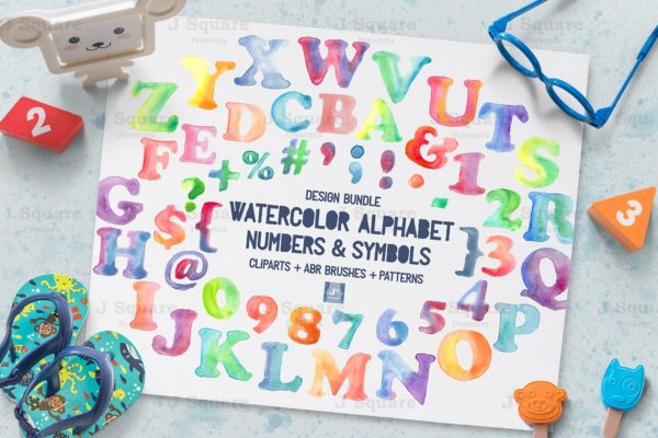 水彩字母&amp;数字剪贴画 Watercolor Alphabet &amp; Number Bundle