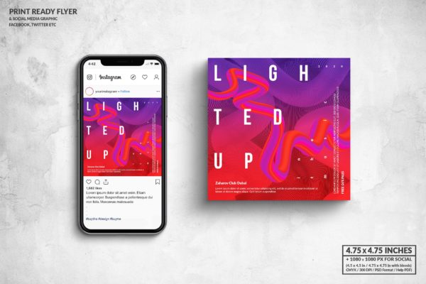 音乐主题活动传单&amp;社交广告图设计模板 Lighted Up Music Square Flyer &amp; Social Media Post
