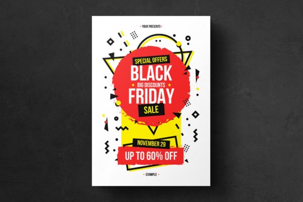 孟菲斯设计风格黒五购物节活动海报传单模板 Black Friday Flyer Template