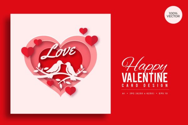 爱情鸟剪纸艺术情人节贺卡矢量模板v4 Paper Art Valentine Square Vector Card Vol.4