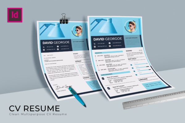 软件开发工程师介绍信&amp;素材中国精选简历模板 Softy Blue CV Resume Template