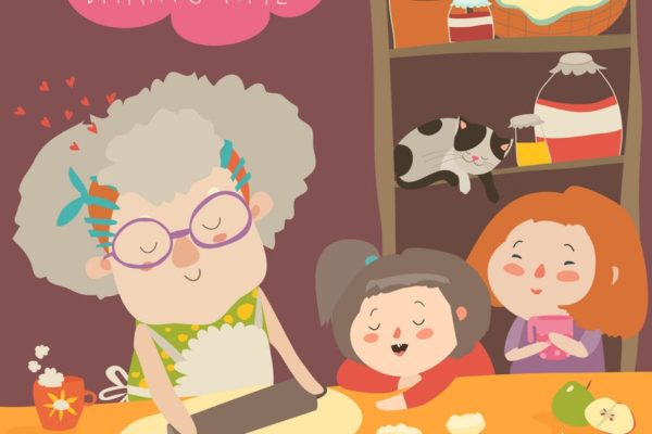 家庭烘培亲子活动场景矢量插画素材 Grandmother and kids bake together at a kitchen.