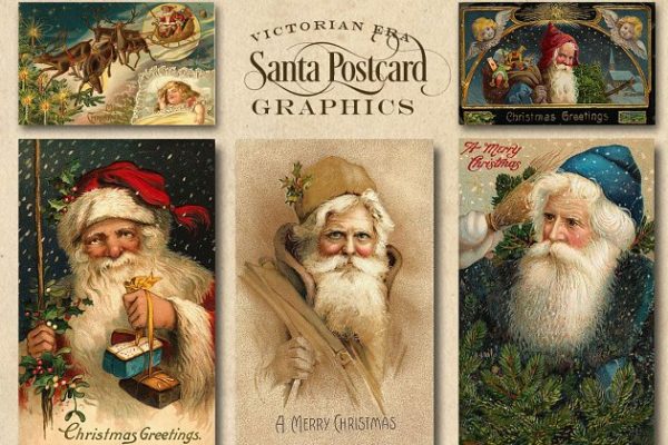 复古维多利亚时代圣诞老人插画素材 Vintage Victorian Santa Graphics