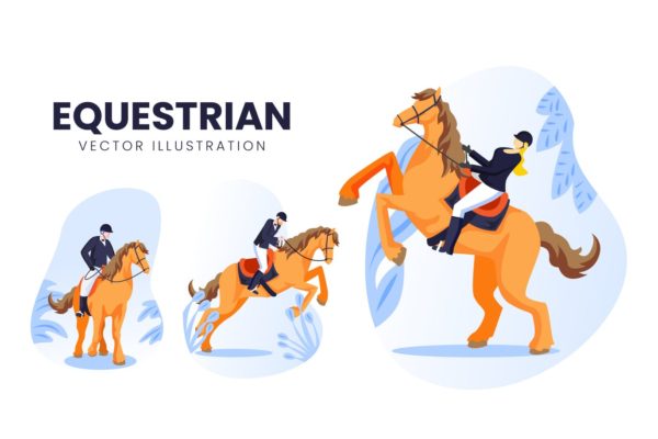 马术运动员人物形象16素材网精选手绘插画矢量素材 Equestrian Athlete Vector Character Set