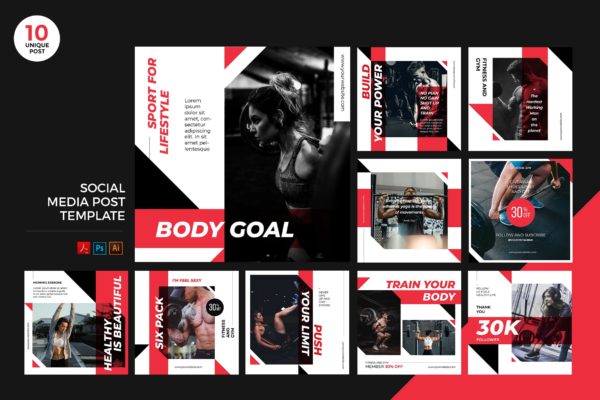 健身训练主题社交媒体设计素材包 Gym Training Social Media Kit PSD &amp; AI Template