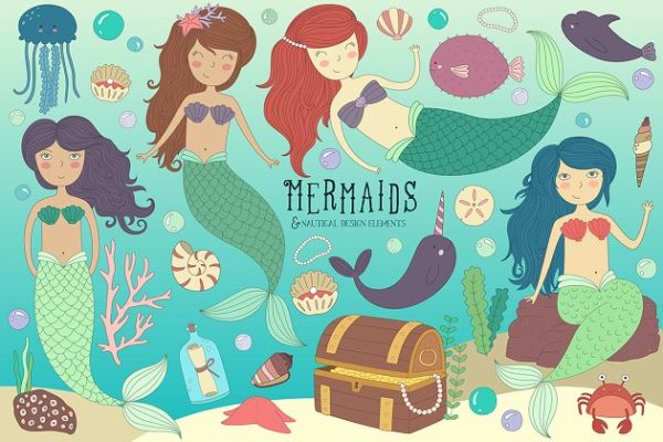 美人鱼&#038;海洋生物手绘插画Mermaid &amp; Sea Life Clipart Bundle