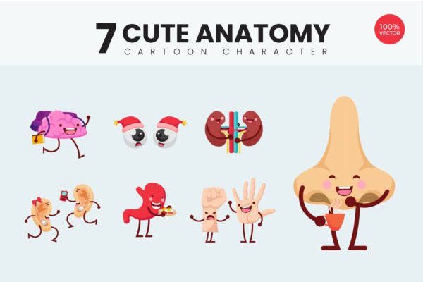 7个人体器官可爱卡通形象矢量插画v2 7 Cute Human Body Vector Illustration Vol.2
