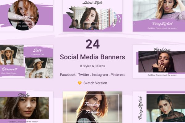 24款自媒体社交媒体广告Banner图设计模板v2[SKETCH] 24 Social Media Banners Kit (Vol. 2) for Sketch