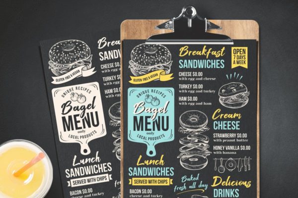 百吉饼三明治西式快餐食品菜单模板 Bagel Sandwich Menu
