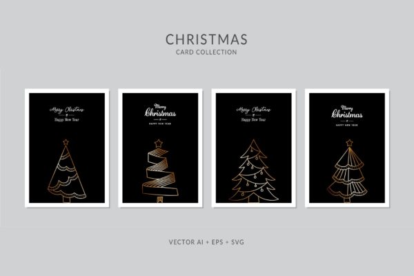 亮金色圣诞树手绘图案圣诞节贺卡设计模板 Christmas Greeting Card Vector Set